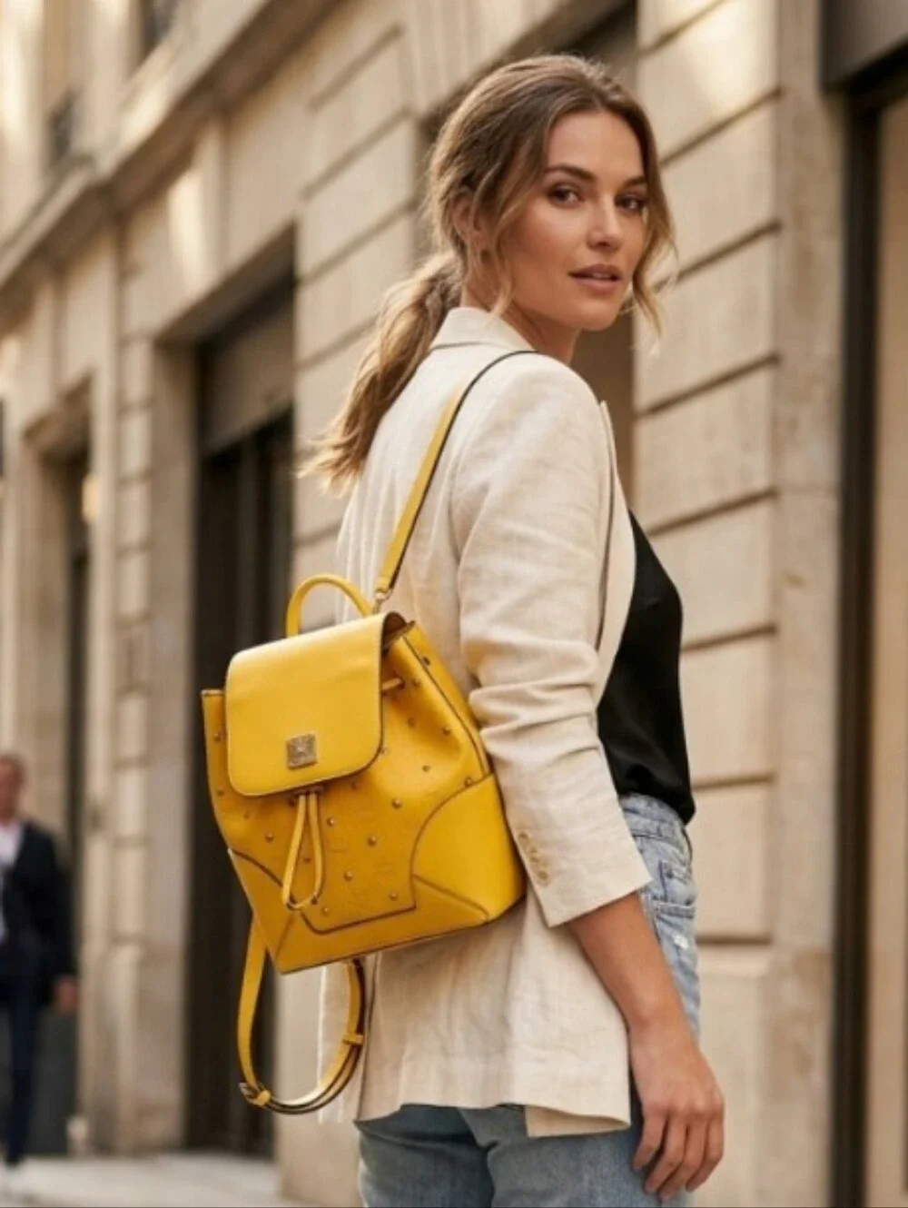 MCM Claudia Yellow Monogram Studded Backpack